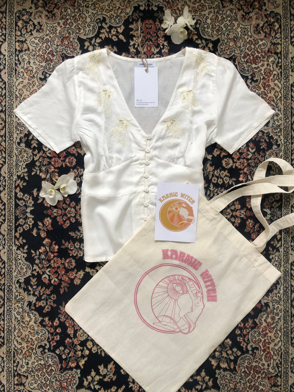 White Cupro Short Sleeve Blouse- Cupid's Love -  By Karmic Witch