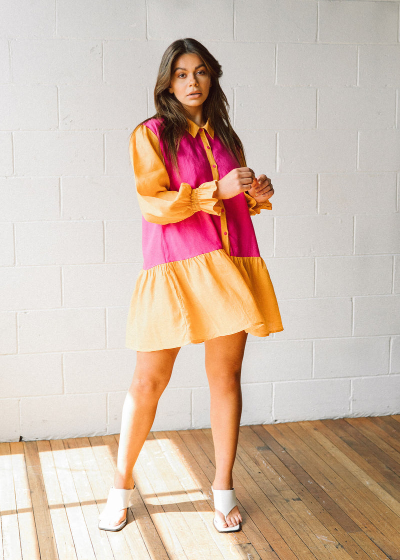 ethically made linen pink  and orange mini dress